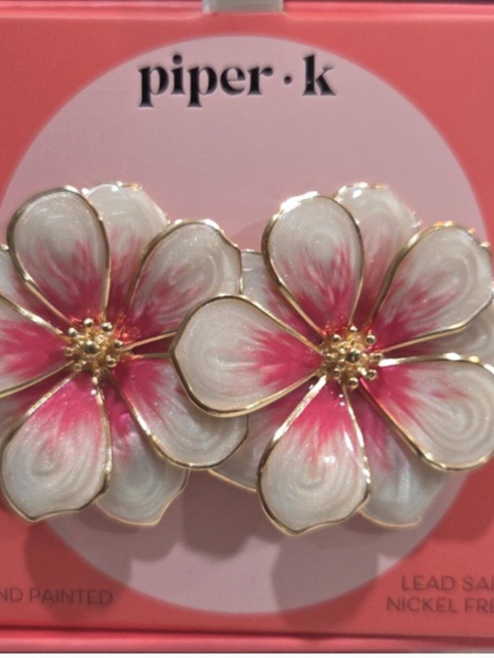 Piper K Hand Painted Floral Pink Gold Flower Stud Earrings New in Box